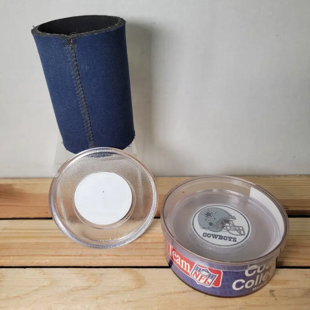 Set of 2 Dallas Cowboy Collections: 4 Clear Coasters & Koozie